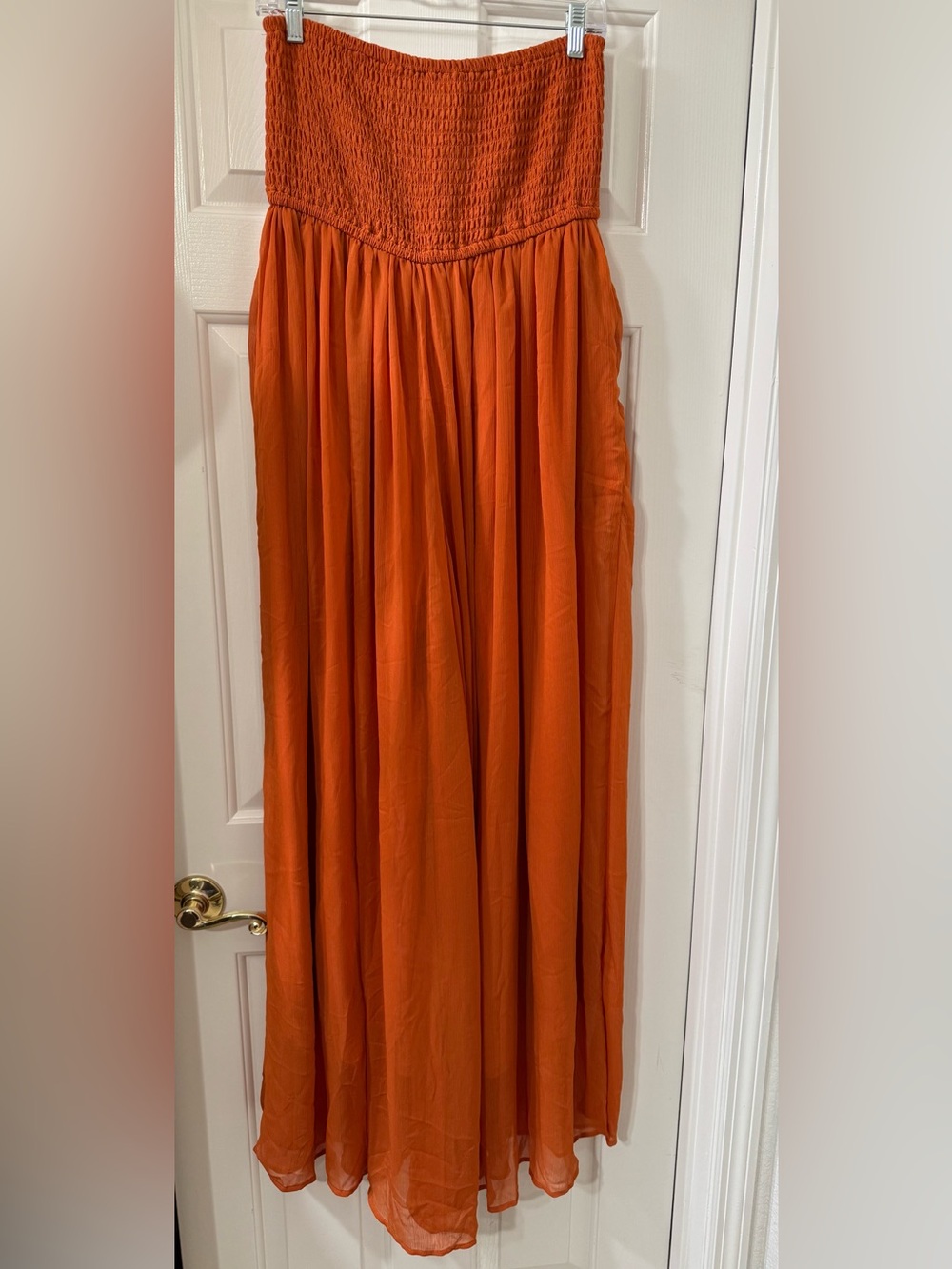 Smocked Strapless Chiffon Wide-Leg Pantsuit in Bright Orange